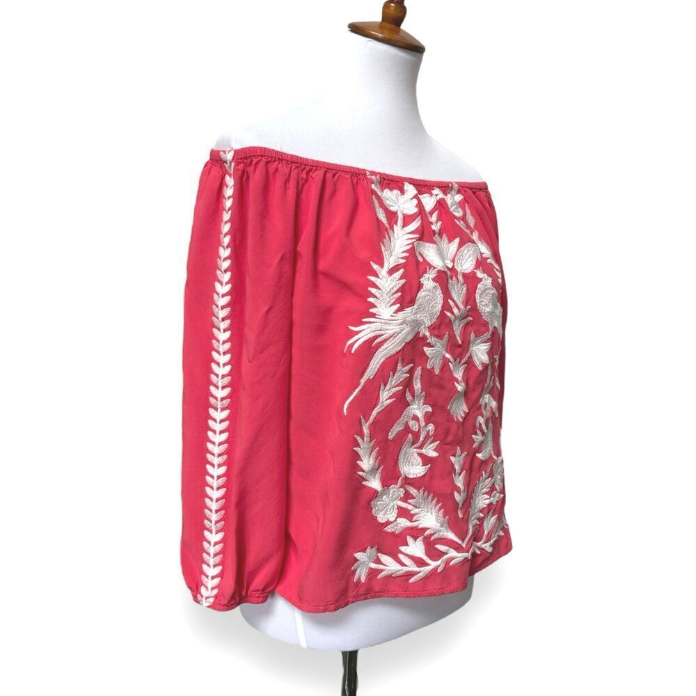 Solitaire Off-The-Shoulder Embroidered Peasant Top Coral White Women’s Medium - Picture 6 of 10
